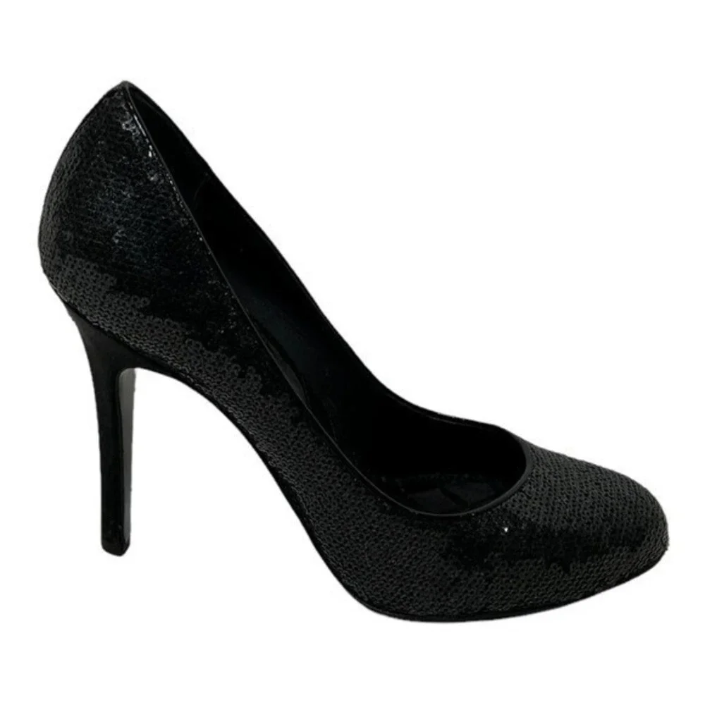 Chanel Pumps Women Black Sequin Round Toe CC Logo Stiletto Heels Made in‎ Italy